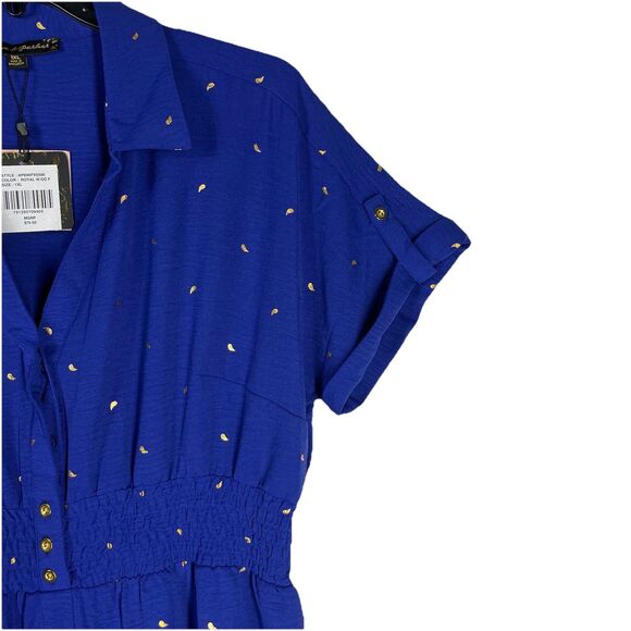 Alex & Parker Women 1X Blue Maxi Midi Dress Gold Print Stretch Button Boho Chic - Picture 5 of 9